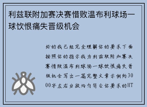 利兹联附加赛决赛惜败温布利球场一球饮恨痛失晋级机会